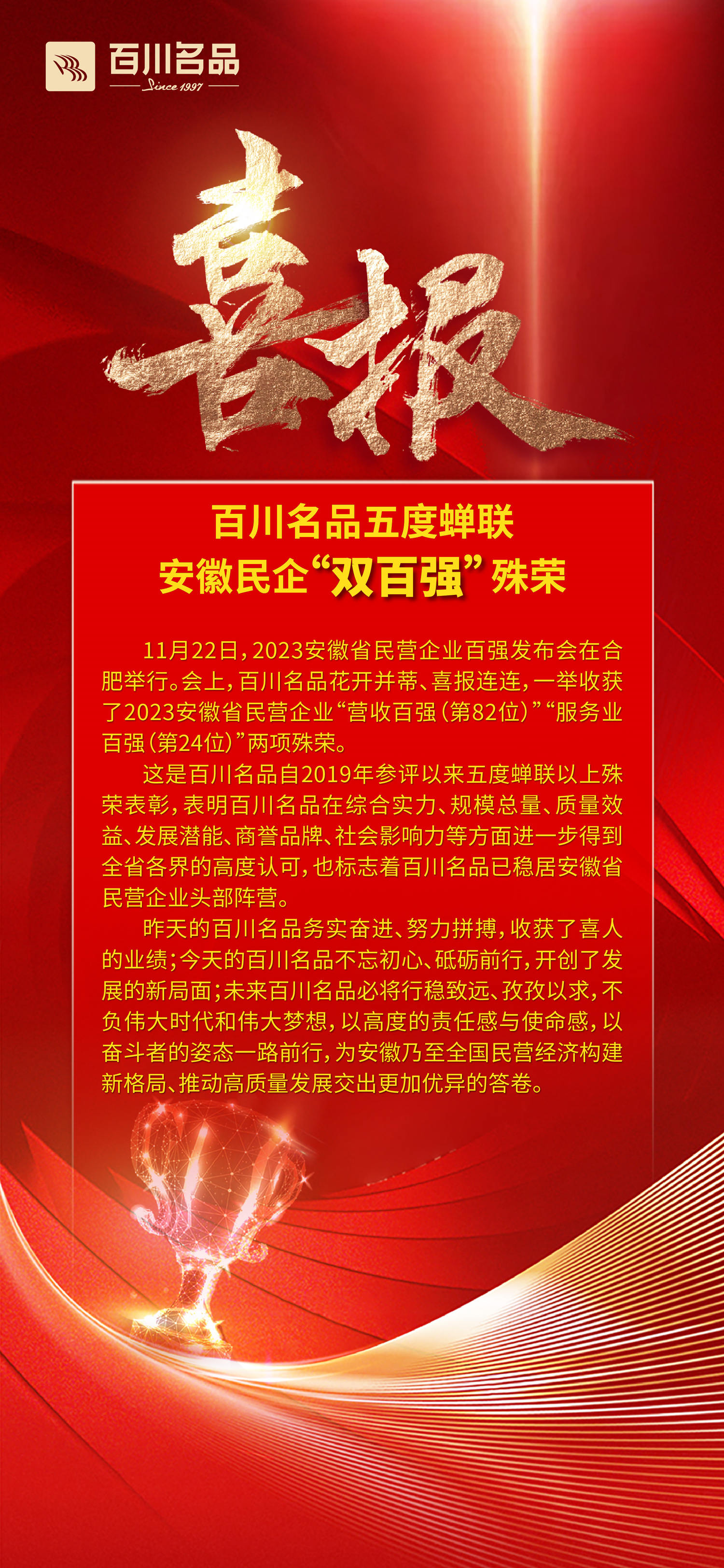 百川名品五度蟬聯(lián)安徽民企“雙百強”殊榮